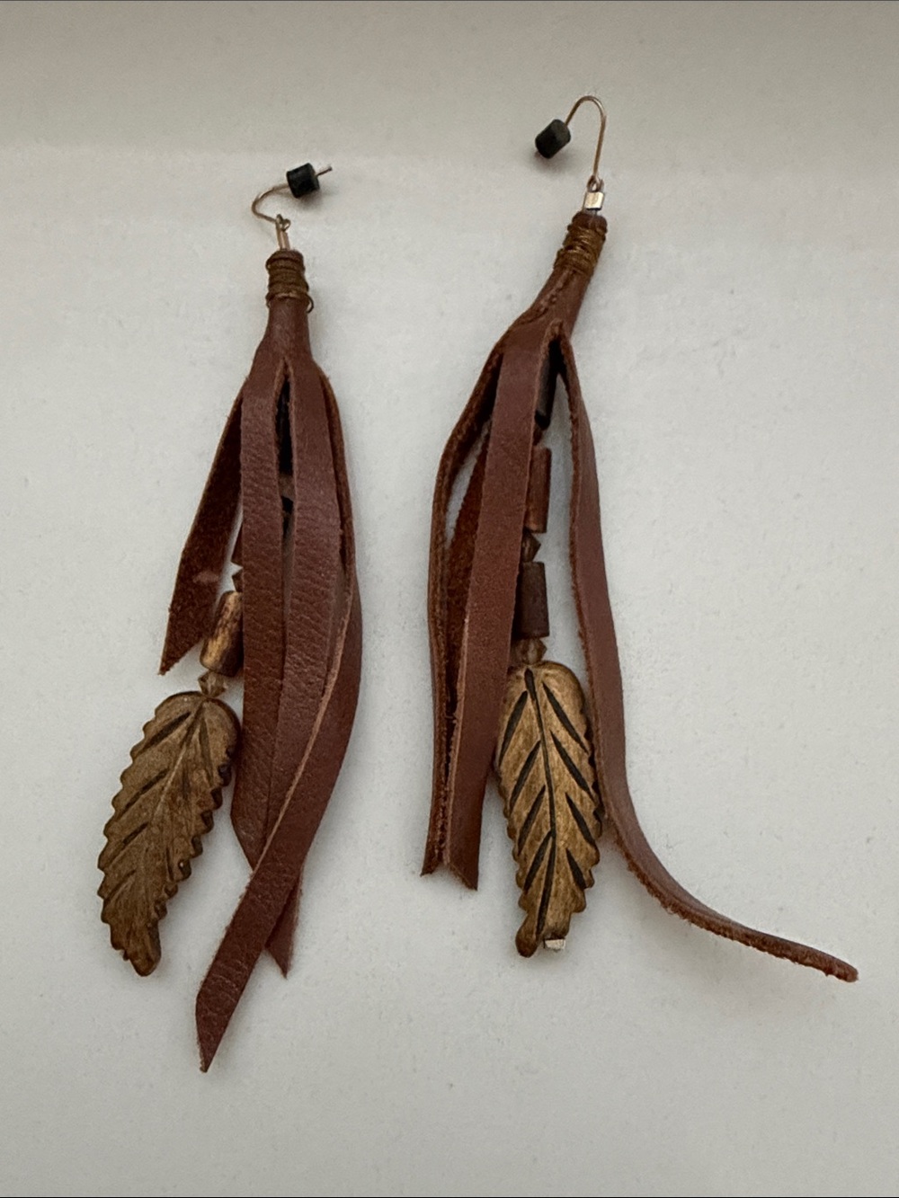 Brown Leather Tassel Earrings with Gold Leaf Accent